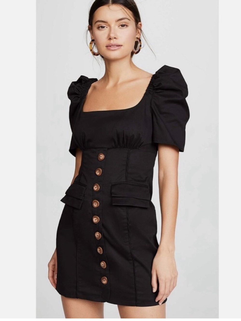 C/MEO Collective Black Puff Sleeve Mini Dress with Button Front